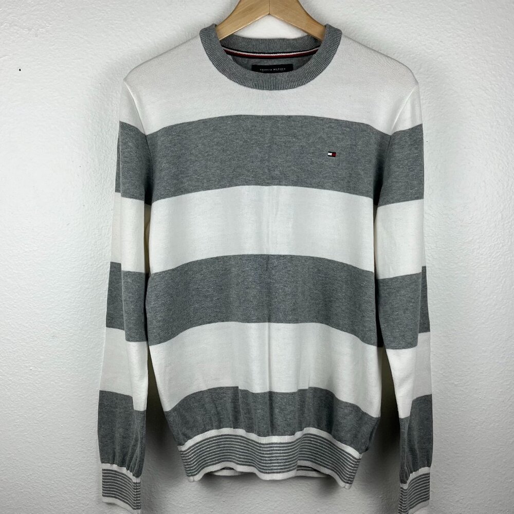 Tommy Hilfiger | Men's Crewneck Sweater Grey and White Stripe Preppy, size M